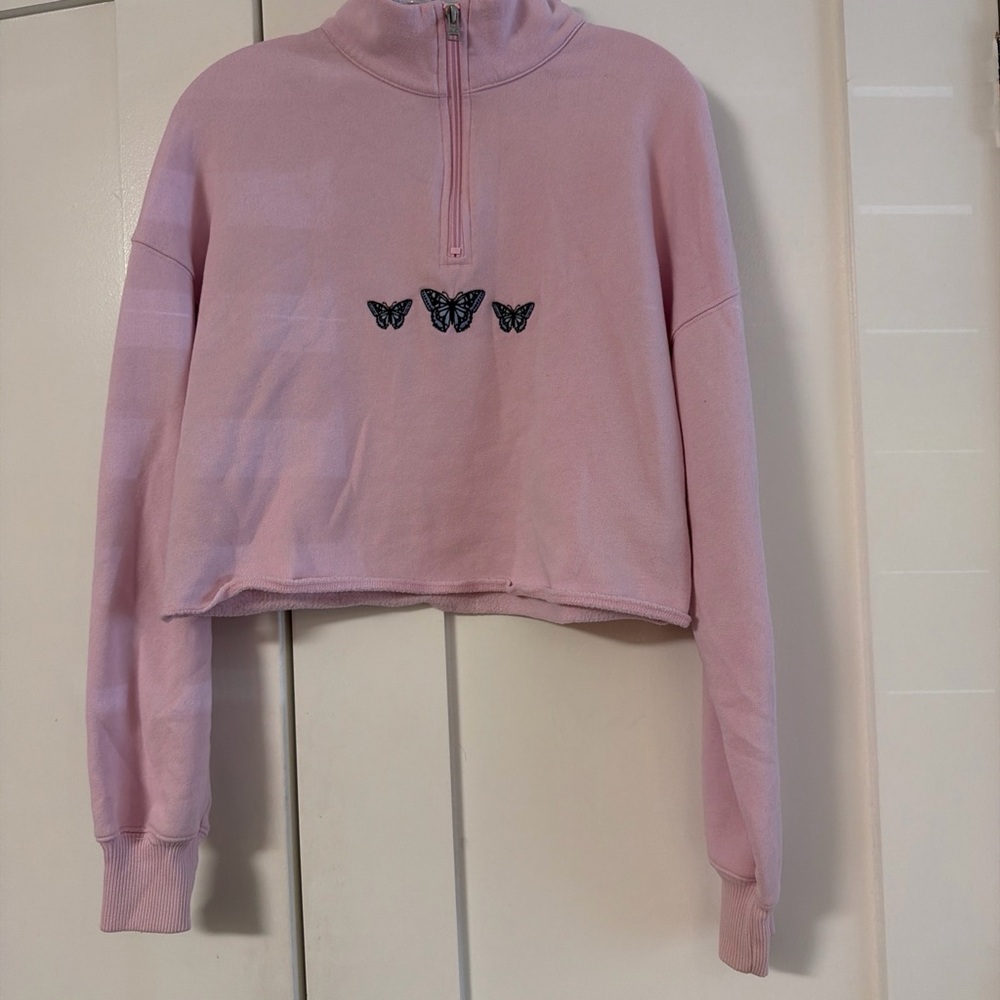 Pink Cropped Quarter-Zip Sweatshirt with Butterfly Embroidery